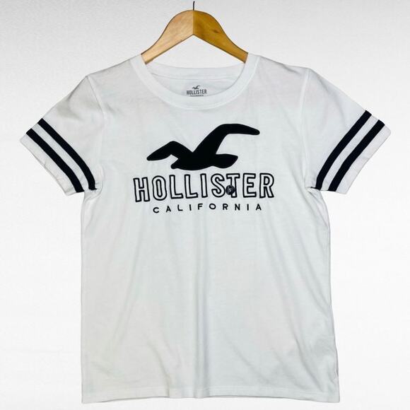 NWOT Hollister Womens Logo Slim Tee White Embroidered Varsity Stripe Sleeve S - Picture 4 of 9